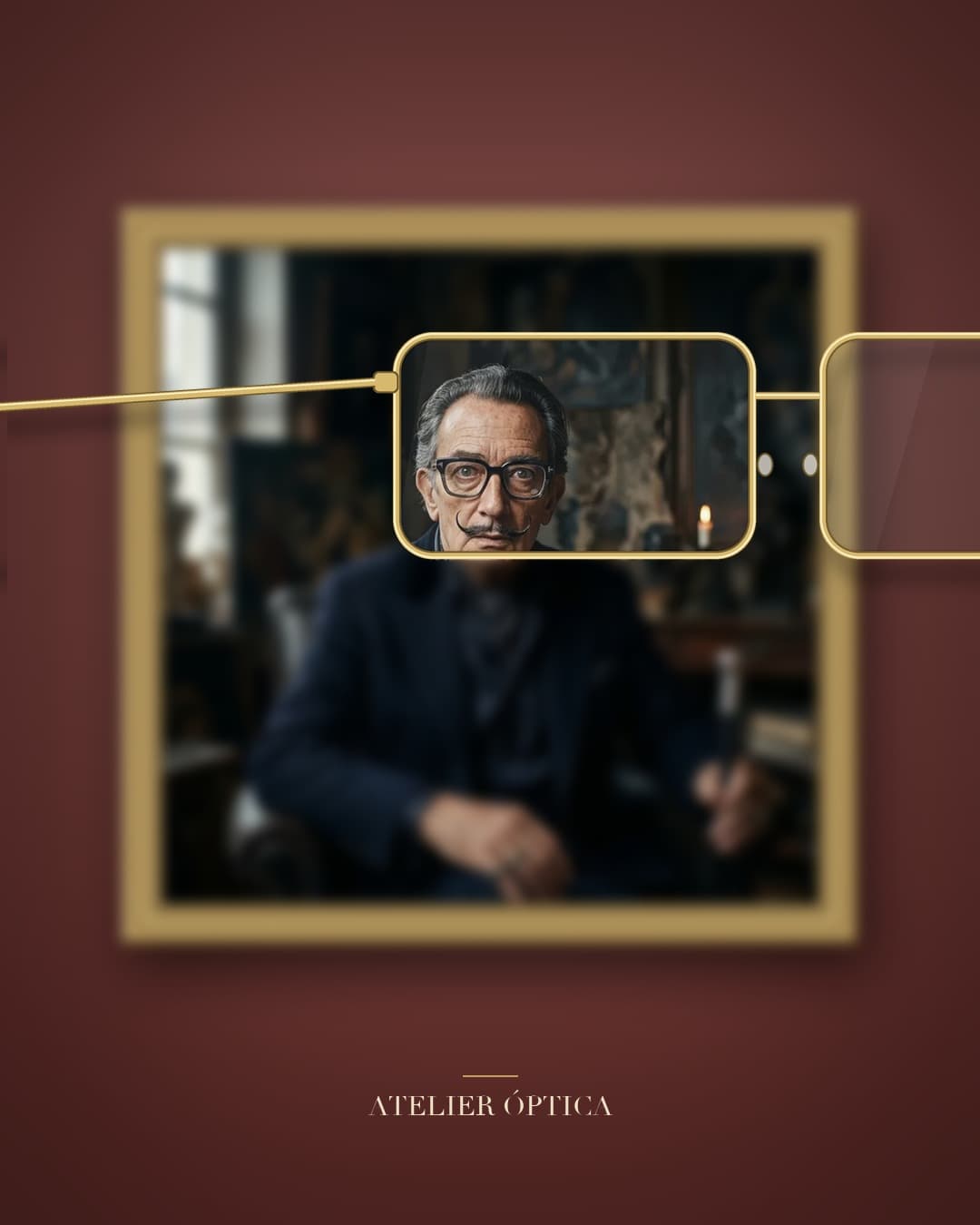 Dalí con anteojos, visto a través de un cristal en foco