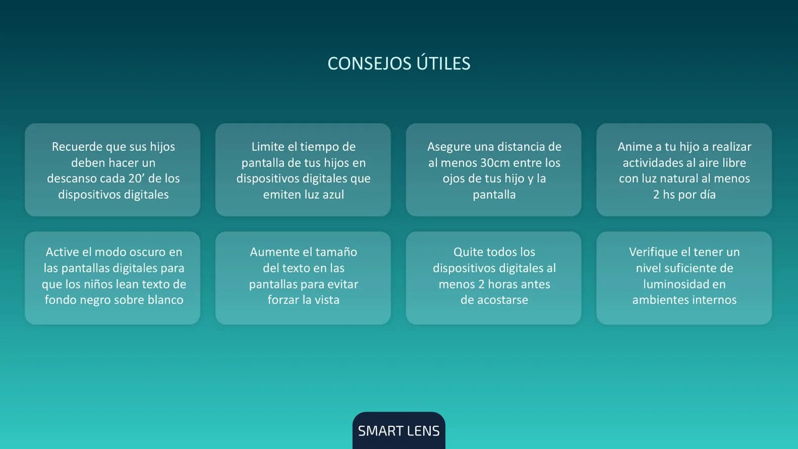 Consejos útiles para padres: descanso cada 20 minutos de pantalla, limitar el tiempo de pantalla, 30 cm de distancia, 2 horas diarias al aire libre, modo oscuro, texto más grande, sin pantallas 2 horas antes de dormir y buena iluminación.