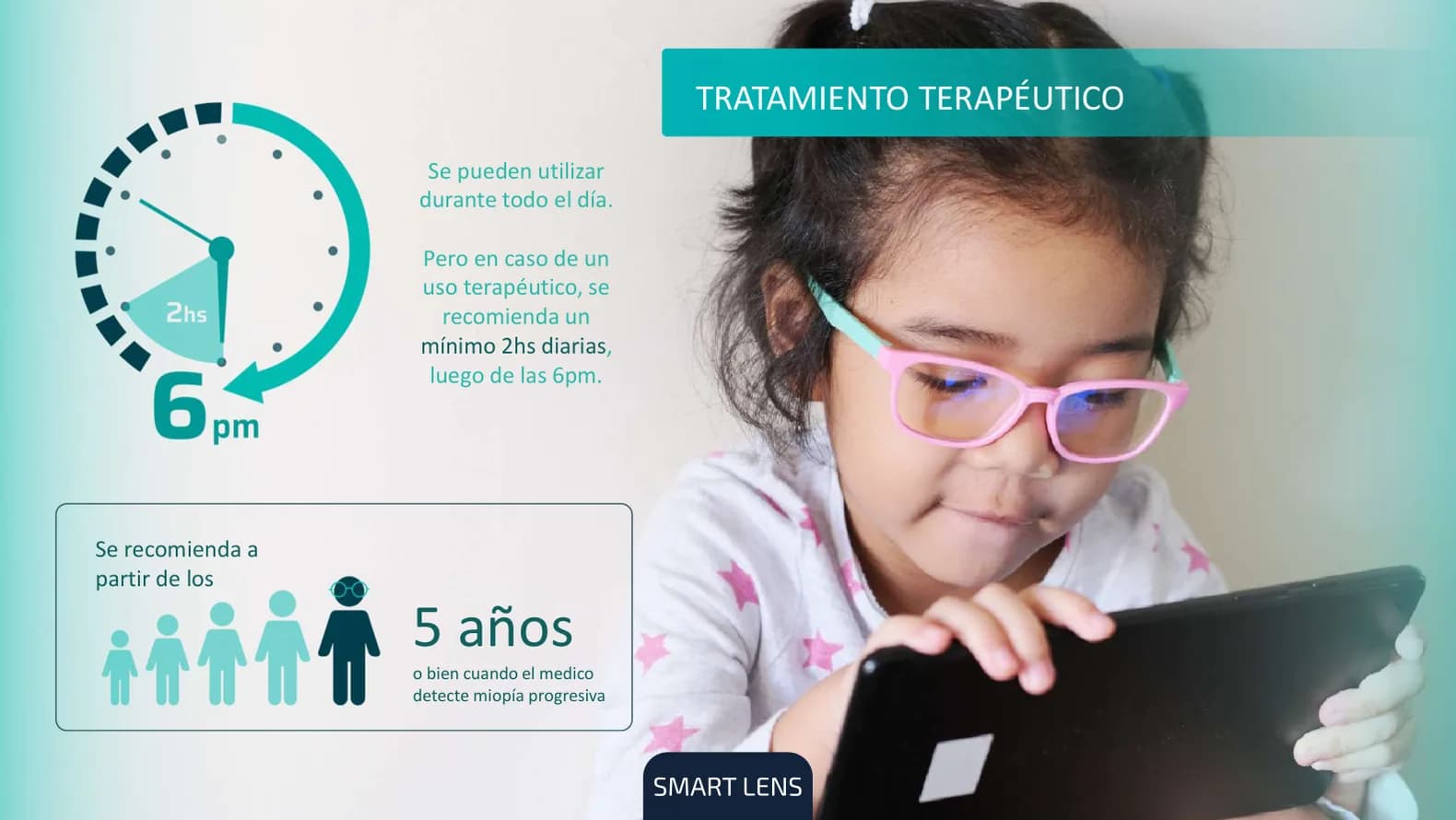 Tratamiento terapéutico: se recomienda a partir de los 5 años o cuando el médico detecta miopía progresiva; uso todo el día, o como mínimo 2 horas diarias después de las 18.