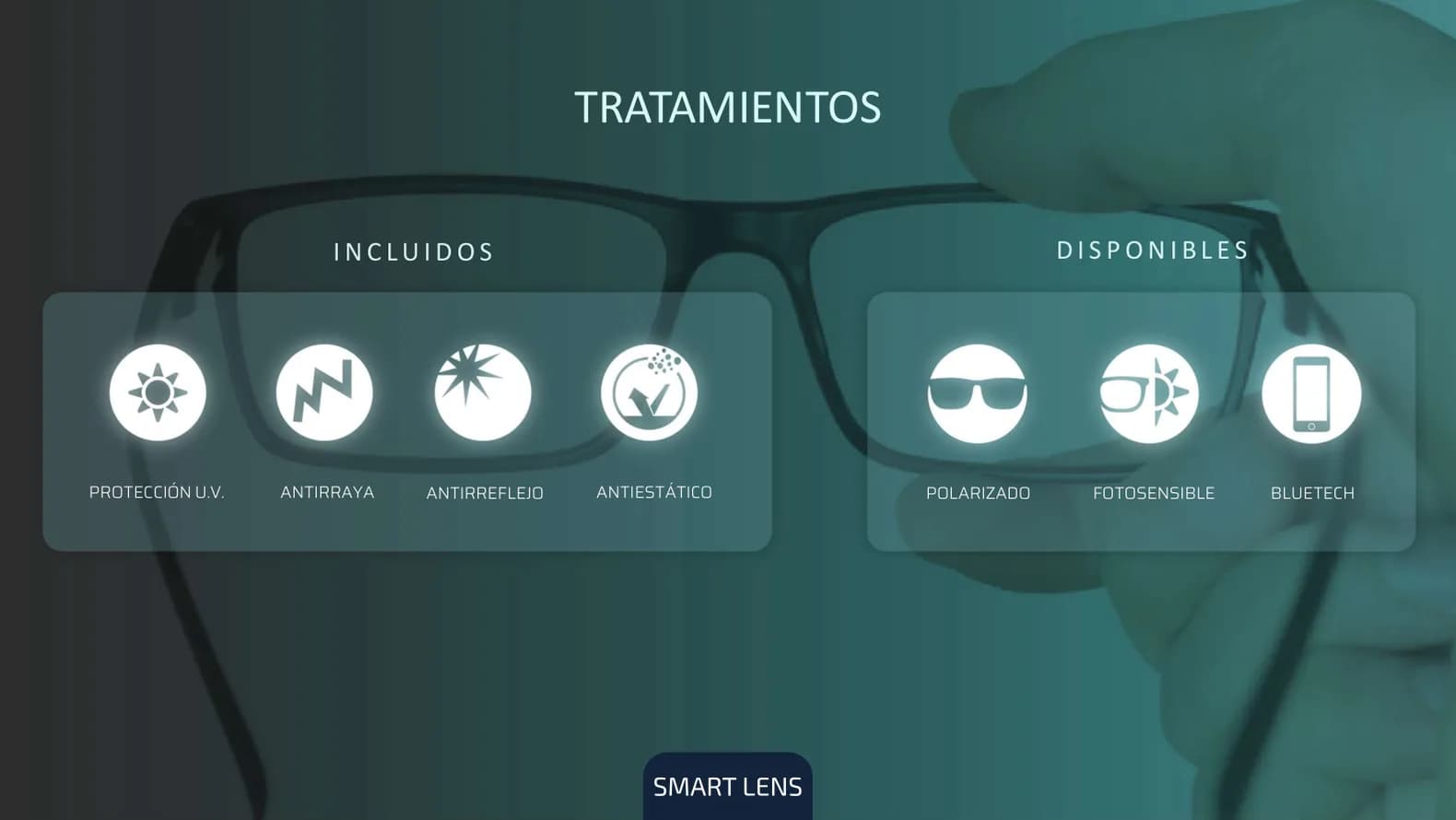 Tratamientos incluidos: protección UV, antirraya, antirreflejo y antiestático. Disponibles: polarizado, fotosensible y BlueTech.