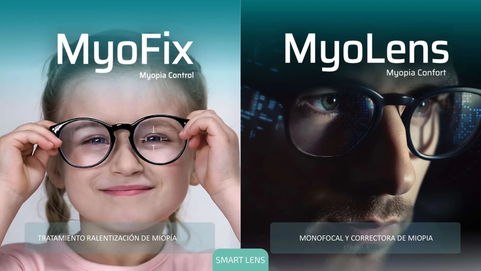 La familia Smart Lens: MyoFix, tratamiento de ralentización de la miopía para chicos, y MyoLens, monofocal correctora de miopía.