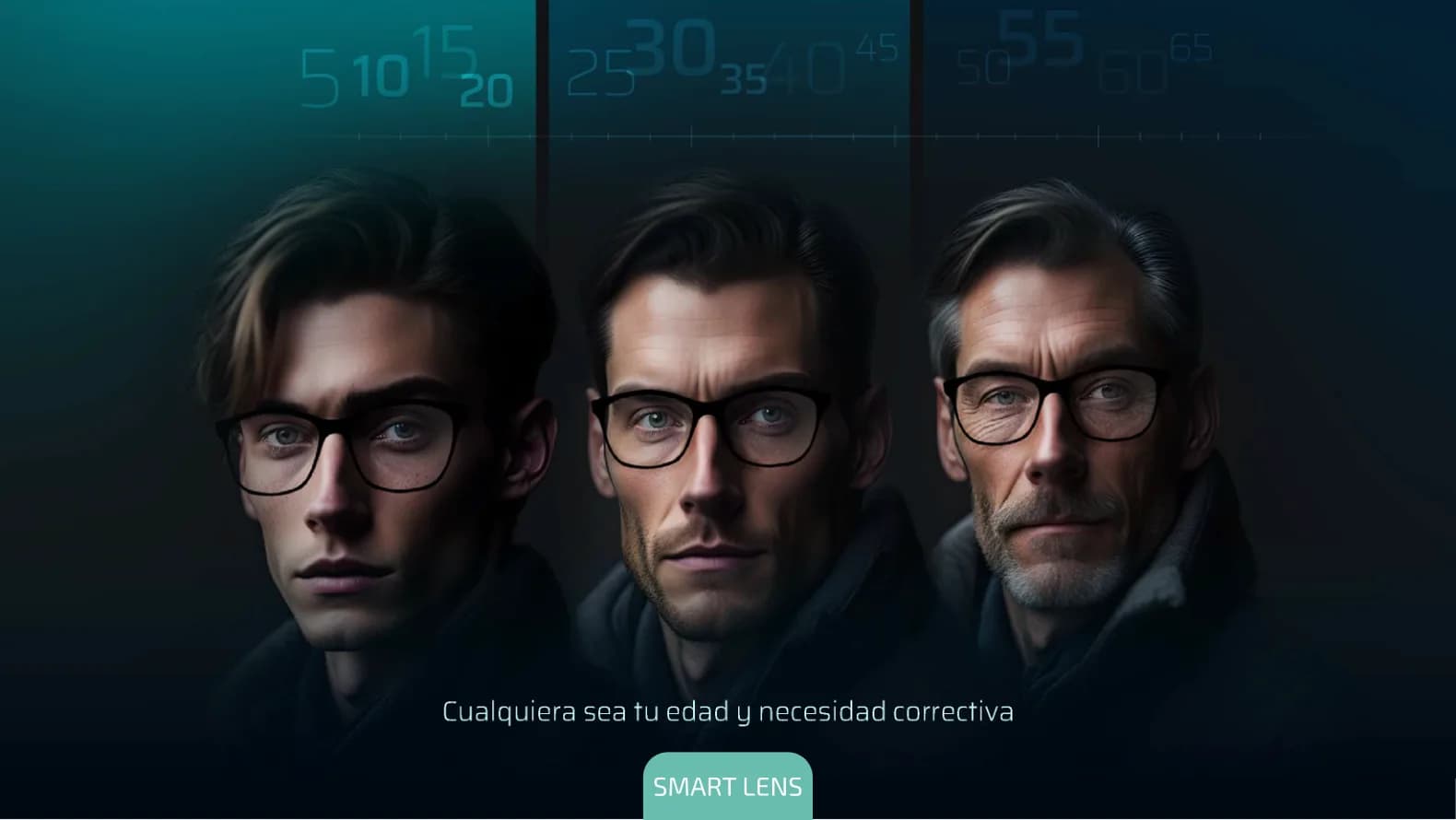 Tres hombres de distintas edades con anteojos: MyoLens sirve cualquiera sea la edad y la necesidad correctiva.