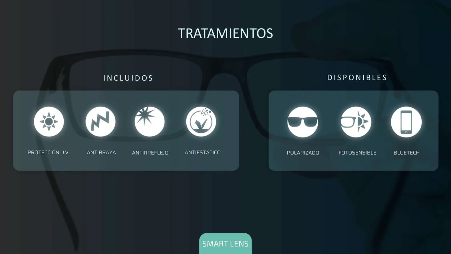 Tratamientos incluidos: protección UV, antirraya, antirreflejo y antiestático. Disponibles: polarizado, fotosensible y BlueTech.